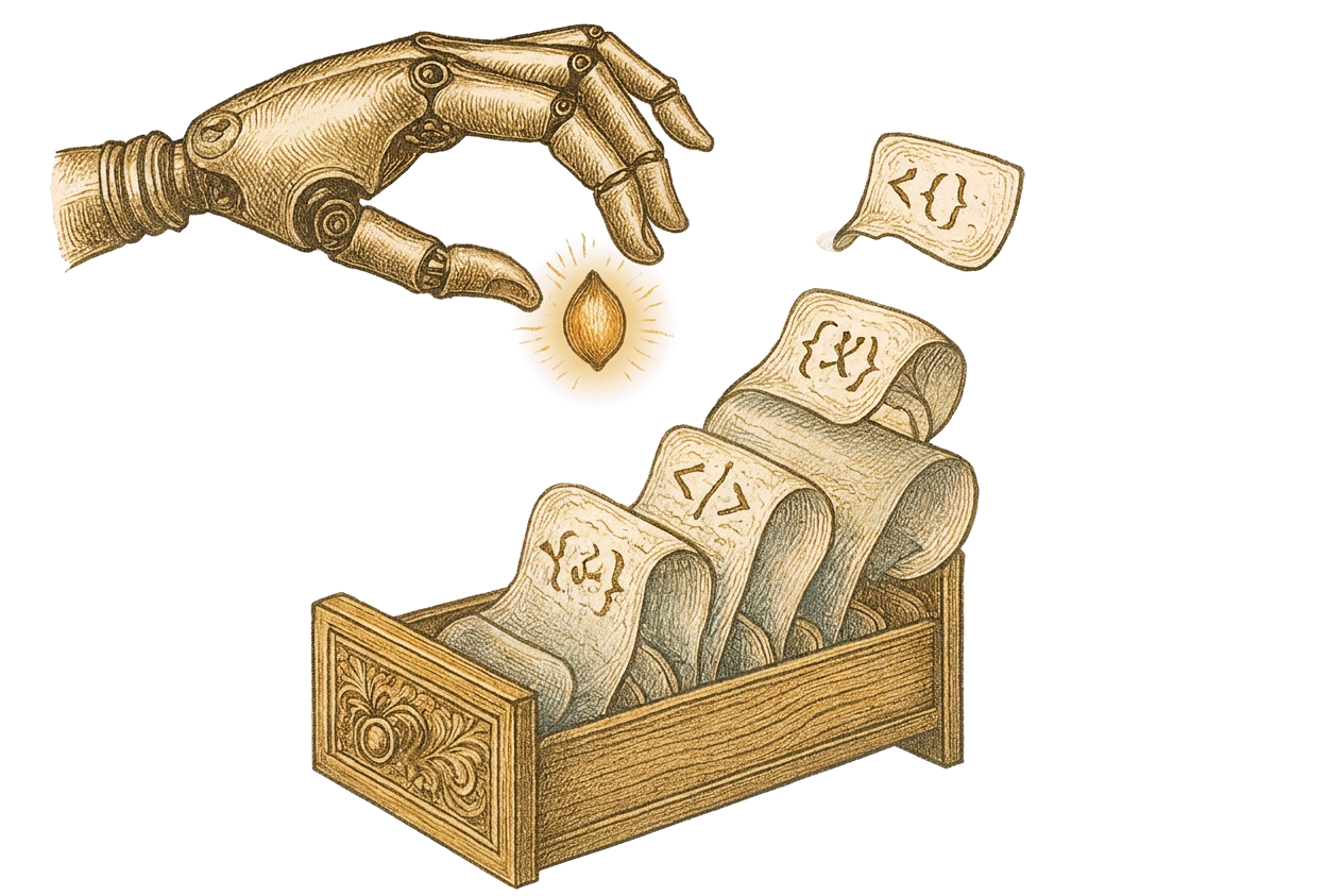 A brass hand preserves a glowing seed of insight above an archive of trait scrolls.